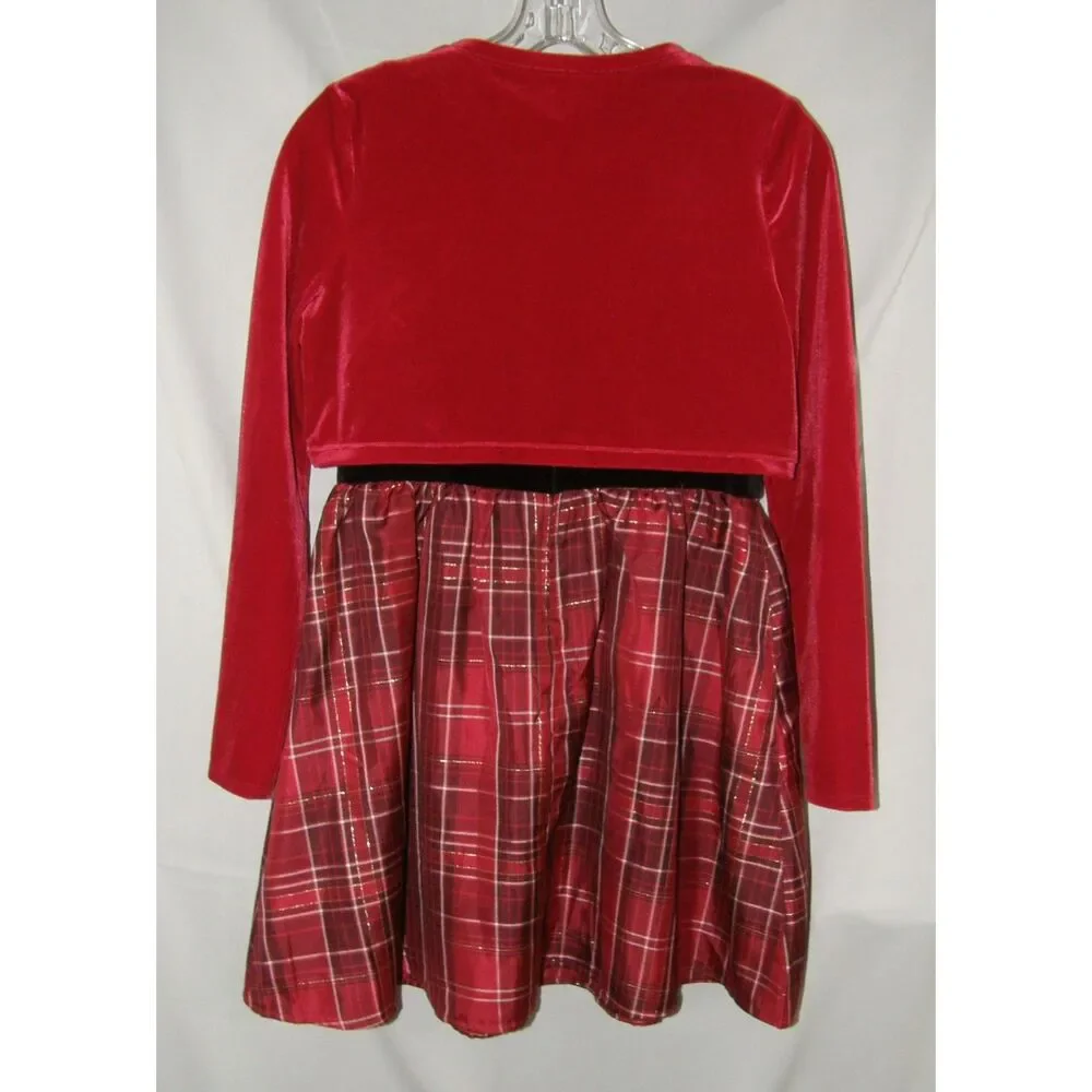 Girls Sz 14 Black & Red Plaid Holiday Sleeveless Dress & Velour Shrug 2 Pc Set